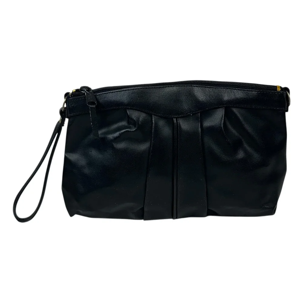 VTG Holiday Fair Wristlet Clutch Bag Womens Black Leather Look Zip Pouch Evening